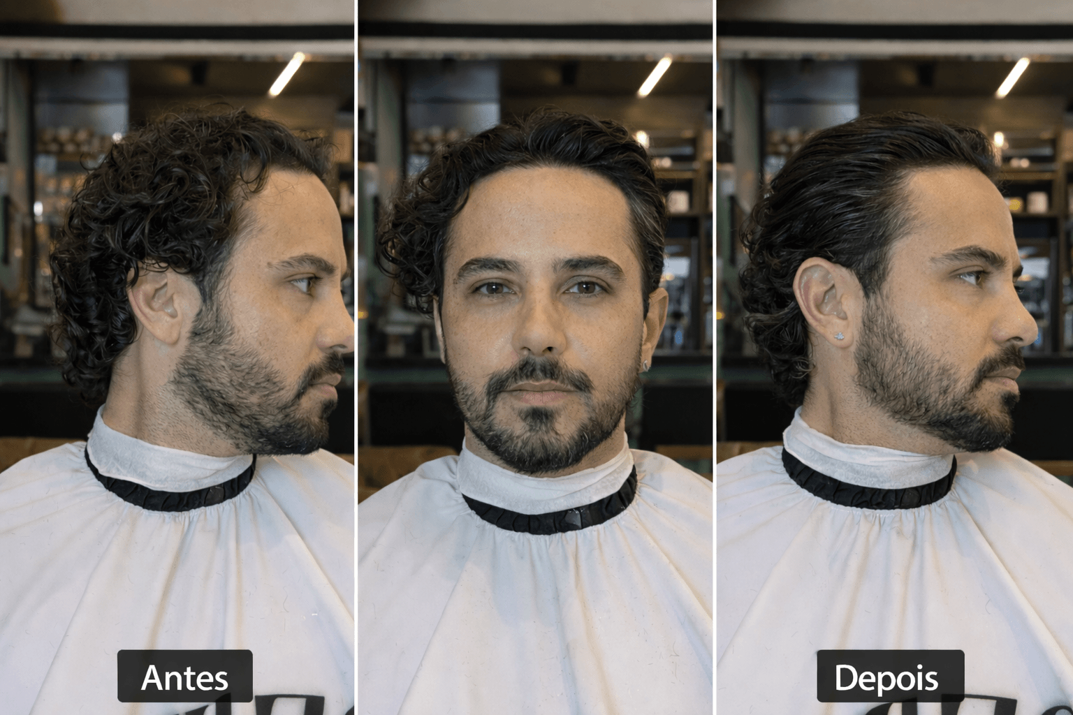 Antes e depois de cabelo masculino com frizz em clima úmido, mostrando fios mais alinhados após finalização.